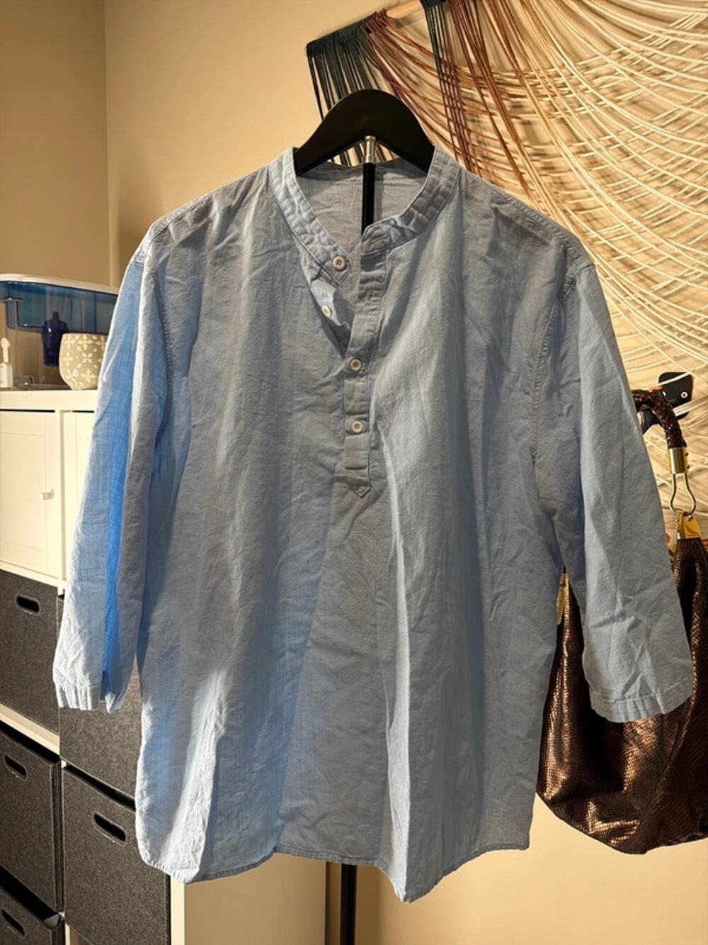 3 for $9 Sky, blue three-quarter sleeve tunic, top cotton and flax L 3491